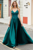 Peacock Green A Line Spaghetti Straps Long Prom Dress with Appliques