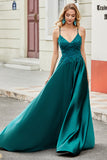 Peacock Green A Line Spaghetti Straps Long Prom Dress with Appliques