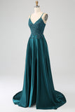 Peacock Green A-Line Spaghetti Straps Backless Prom Dress with Slit