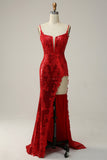 Sparkly Red Sheath Spaghetti Straps Long Prom Dress with Split Front