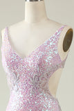 Lilac Sheath V Neck Sequins Long Prom Dress with Split Front