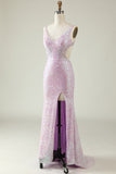 Lilac Sheath V Neck Sequins Long Prom Dress with Split Front