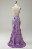 Purple Mermaid Spaghetti Straps Long Prom Dress with Appliques