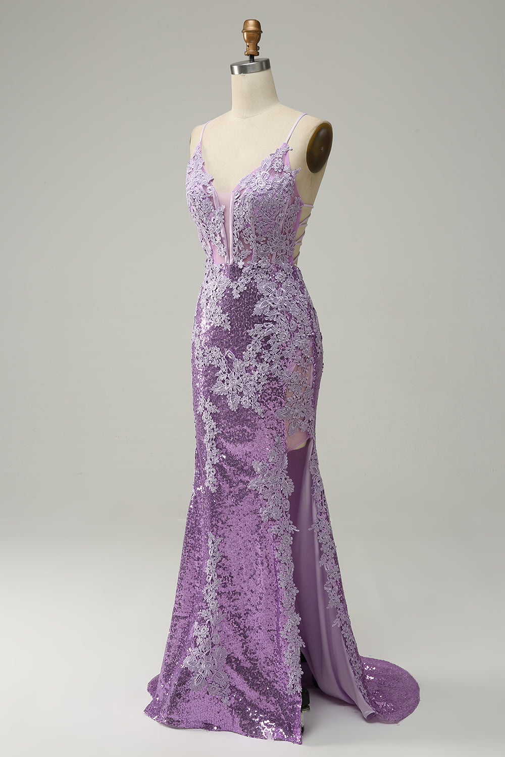 Purple Mermaid Spaghetti Straps Long Prom Dress with Appliques