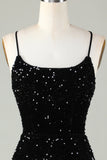 Sexy Black Sheath Spaghetti Straps Criss Cross Back Homecoming Dress With Sequins