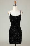 Sexy Black Sheath Spaghetti Straps Criss Cross Back Homecoming Dress With Sequins