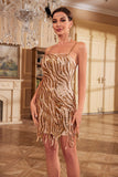 Golden Sheath Spaghetti Straps Sequins Party Dress with Tassel