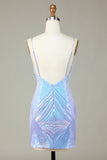 Sparkly Blue Sheath Spaghetti Straps Backless Sequins Short Homecoming Dress