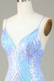 Sparkly Blue Sheath Spaghetti Straps Backless Sequins Short Homecoming Dress