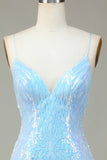 Sparkly Blue Sheath Spaghetti Straps Backless Sequins Short Homecoming Dress