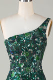 Dark Green Sheath One Shoulder Sequins Short Homecoming Dress with Feather