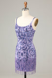 Sparkly Purple Sheath Sequins Short Homecoming Dress with Fringes