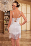 White Bodycon Spaghetti Straps Sequins Party Dress with Tassel