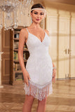 White Bodycon Spaghetti Straps Sequins Party Dress with Tassel