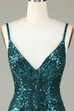 Sparkly Dark Green Bodycon Spaghetti Straps Lace-Up Back Short Homecoming Dress with Beading
