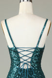 Sparkly Dark Green Bodycon Spaghetti Straps Lace-Up Back Short Homecoming Dress with Beading