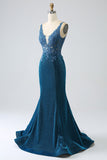 Glitter Dark Blue Mermaid V-Neck Long Prom Dress with Beading