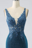 Glitter Dark Blue Mermaid V-Neck Long Prom Dress with Beading