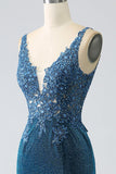Glitter Dark Blue Mermaid V-Neck Long Prom Dress with Beading