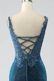 Glitter Dark Blue Mermaid V-Neck Long Prom Dress with Beading