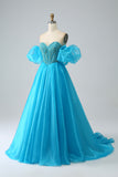 Blue Ball-Gown Sweetheart Beaded Corset Prom Dress with Detachable Sleeves