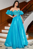 Blue A-Line Sweetheart Detachable Sleeves Corset Long Prom Dress with Beading