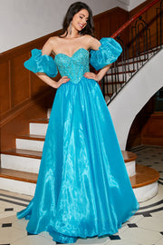 Blue A-Line Sweetheart Detachable Sleeves Corset Long Prom Dress with Beading