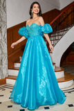 Blue A-Line Sweetheart Detachable Sleeves Corset Long Prom Dress with Beading