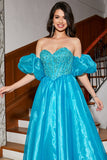 Blue A-Line Sweetheart Detachable Sleeves Corset Long Prom Dress with Beading
