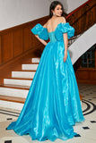 Blue A-Line Sweetheart Detachable Sleeves Corset Long Prom Dress with Beading