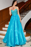 Blue A-Line Sweetheart Detachable Sleeves Corset Long Prom Dress with Beading