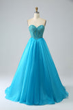 Blue Ball-Gown Sweetheart Beaded Corset Prom Dress with Detachable Sleeves