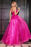 Fuchsia A-Line Spaghetti Straps Long Corset Prom Dress with Slit