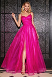 Fuchsia A-Line Spaghetti Straps Long Corset Prom Dress with Slit