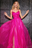 Fuchsia A-Line Spaghetti Straps Long Corset Prom Dress with Slit