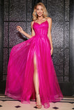 Fuchsia A-Line Spaghetti Straps Long Corset Prom Dress with Slit