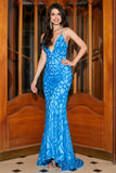 Blue Mermaid Spaghetti Straps Sequins Long Prom Dress