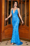 Blue Mermaid Spaghetti Straps Sequins Long Prom Dress