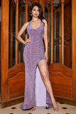 Light Purple Mermaid Sparkly Sequins Long Prom Dress with Slit