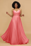 A Line Spaghetti Straps Chiffon Long Bridesmaid Dress