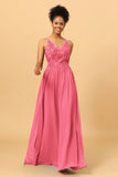 A Line V-Neck Long Chiffon Bridesmaid Dress with Lace