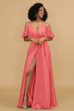 A Line Halter Cold Shoulder Chiffon Bridesmaid Dress with Slit