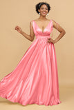 A Line Deep V-Neck Backless Floor Length Bridesmaid Dress