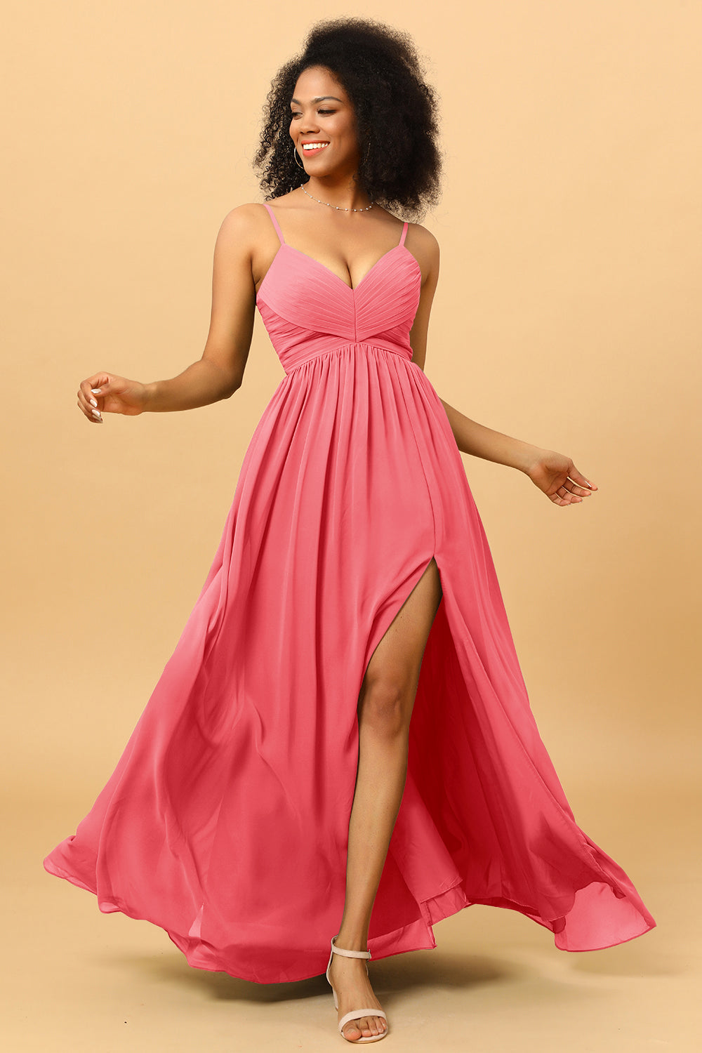 A Line Spaghetti Straps Ruched Long Chiffon Bridesmaid Dress with Slit