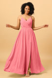 Ruched Long Floor Length Chiffon Bridesmaid Dress with Slit