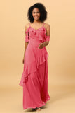 A Line Spaghetti Straps Long Chiffon Bridesmaid Dress with Ruffles