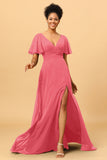 A Line V-Neck Long Chiffon Bridesmaid Dress with Slit