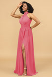 A Line Halter Ruched Floor Length Chiffon Bridesmaid Dress with Slit