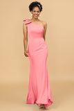 Mermaid One Shoulder Satin Long Bridesmaid Dress With Bowknot