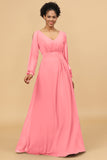 Long Sleeves V-Neck Chiffon Bridesmaid Dress with Bowknot